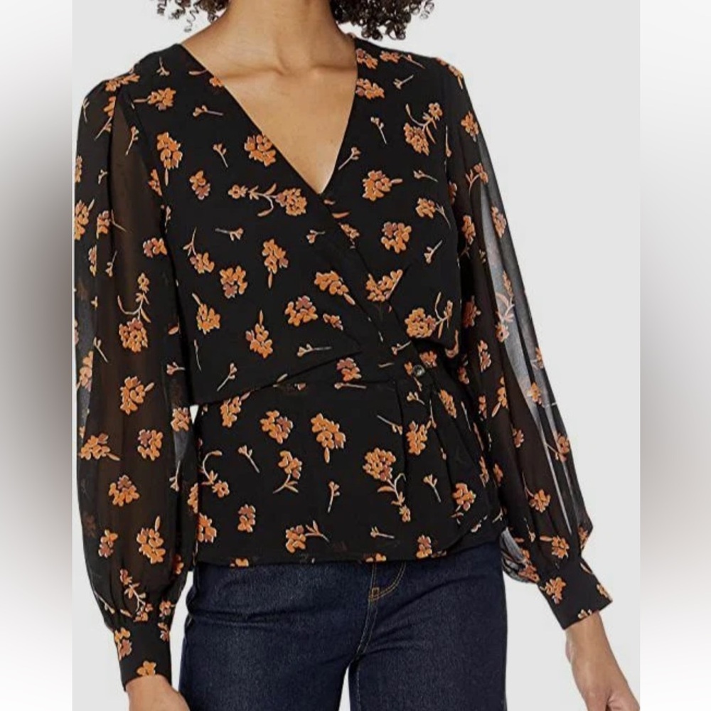 Astr -NWT-Black and Orange Floral Wrap Blouse, semi Sheer Sleeves, V-Neck, Sz M